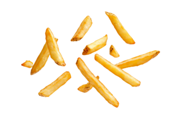 Pile of french fries are scattered across a white background, isolated