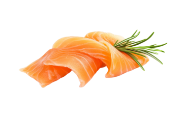 Piece of salmon with a sprig of rosemary on top, isolated