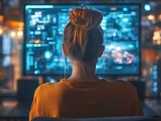 Young woman watches the large screen in a darkened room