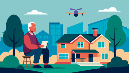 Sitting on his front porch a senior man controlled his drone as it soared above the neighborhood capturing beautiful shots of the community he has lived in for decades.. Vector illustration