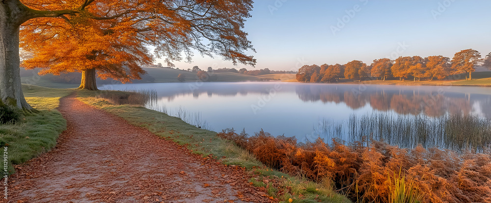 Poster autumn lake scenery with colorful trees and path