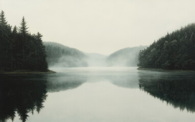 Fototapeta premium Misty Lake Landscape With Dark Green Hills And Water Reflection