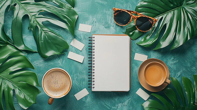 Tropical workspace with notepad, coffee, sunglasses and monstera leaves - Powered by Adobe