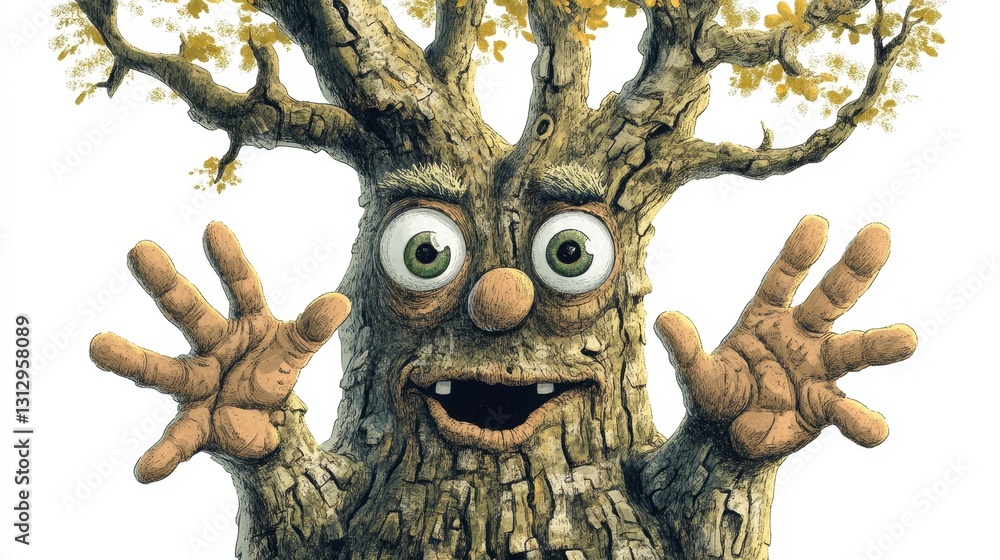 Poster a friendly anthropomorphic tree character with arms open wide and happy