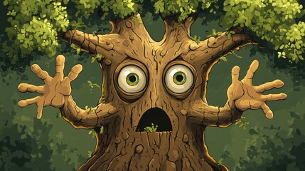 An animated cartoon tree has a surprised and scared expression