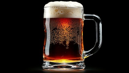 Full Glass Of Amber Beer With Frothy Foam On Dark Background