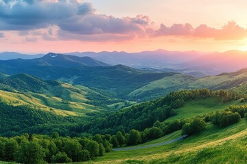Naklejka premium Panoramic sunset view over rolling green hills and mountains.