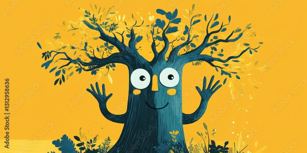 Poster a friendly smiling tree with arms and large open eyes