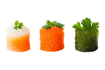 Three sushi rolls with different colored fillings and garnishes, isolated