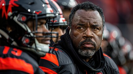 Fototapeta premium A focused moment on the sidelines of a football game, highlighting a coach's intense expression.