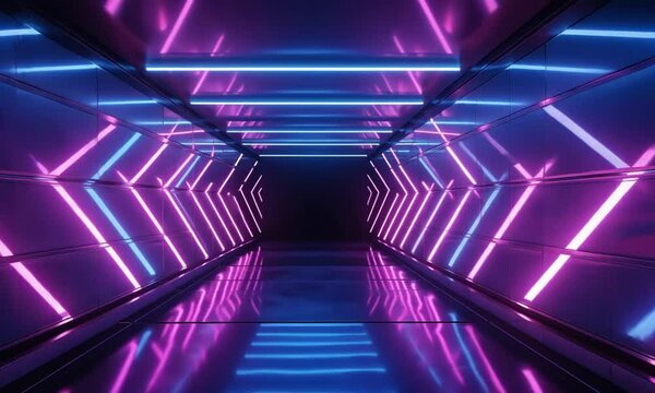 A futuristic neon tunnel with glowing pink and blue lights creates a sci-fi cyberpunk aesthetic. Ideal for technology, virtual reality, gaming, digital art, and modern high-tech backgrounds