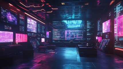 A futuristic control room filled with glowing computer screens
