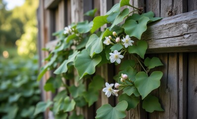 Delicate white flowers on wooden fence