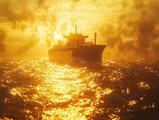 Obraz premium A large vessel sailing through an orange-tinted sea under a sunset sky, creating a dramatic and majestic seascape at sea.