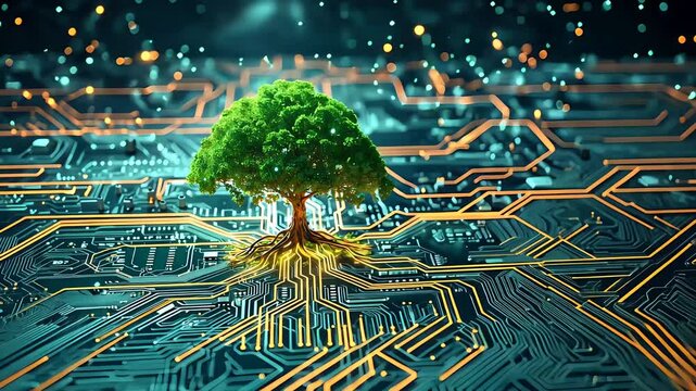 Artificial intelligence tree growing on a digital circuit board in a futuristic technology concept

