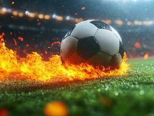 Fototapeta premium Team is on fire. Burning flame ball on fire on a field,the frenzied energy of the sport, the power of impact, love of fans.