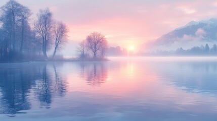 Misty Sunrise over a Calm Lake with Bare Trees