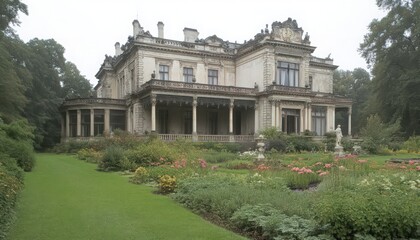 Naklejka premium Grand Stone Mansion with Lush Gardens on an Overcast Day