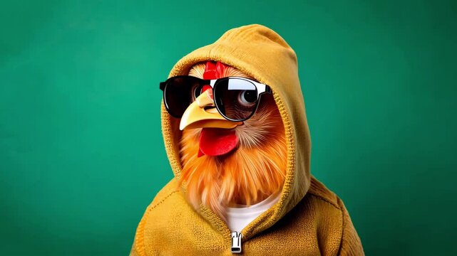 Hip Hop Chicken Wearing a Yellow Hoodie and Glasses