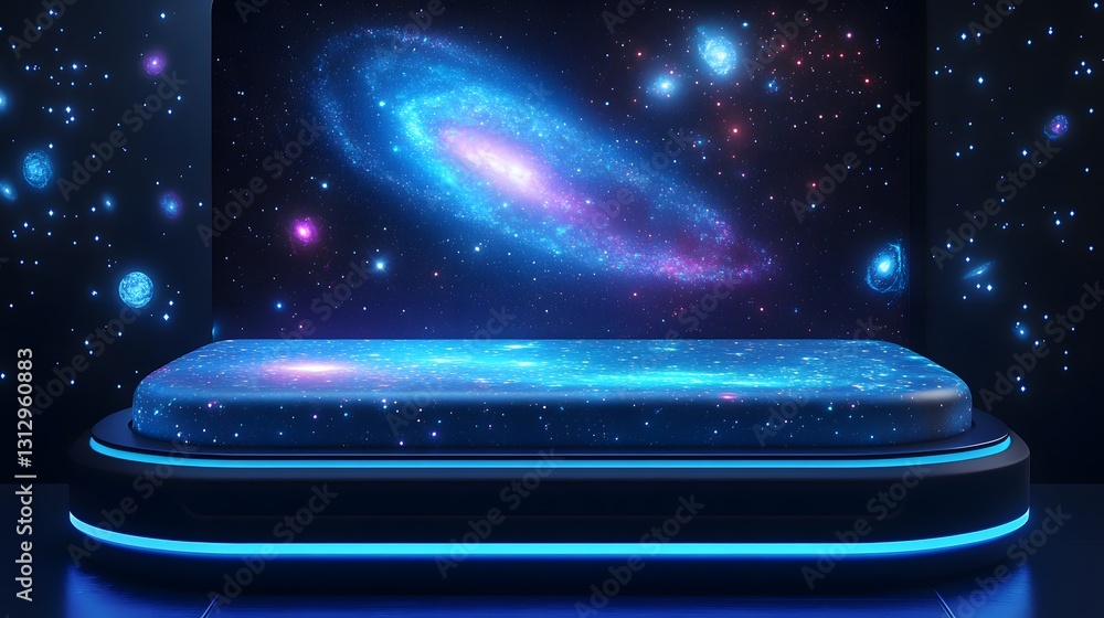 Canvas Prints a futuristic holographic bed with projected visuals of galaxies and cosmic elements on an isolate ba