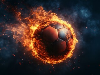 Fototapeta premium Team is on fire. Burning flame ball on fire on a field,the frenzied energy of the sport, the power of impact, love of fans.