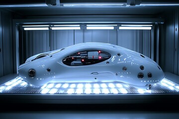 Fototapeta premium Futuristic White Car in a Modern Technological Chamber