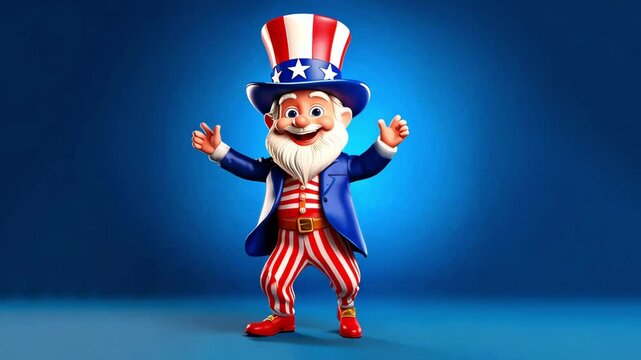Cute Cartoon Dancing Uncle Sam on a Blue Background 