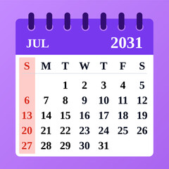 2031 July. Jul. shines with hot days, festivals, and fun. Celebrate independence, family gatherings, and outdoor activities in the summer heat.