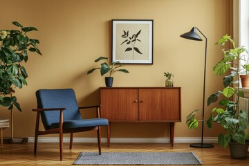 Mid-century armchair, plants, wooden cabinet, mustard wall, apartment interior design