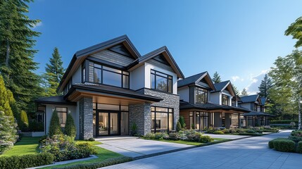 Obraz premium Modern homes, tree-lined street, sunny day, suburban development