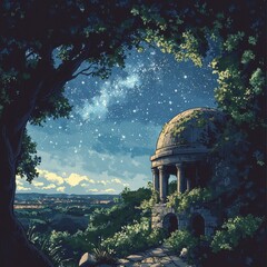 Obraz premium A nighttime landscape featuring a starry sky and a stone structure