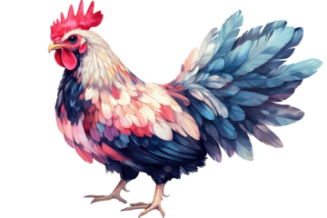 Colorful rooster with vibrant feathers standing proudly on a white background in a creative artistic representation