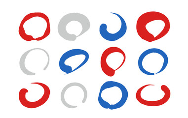 丸印　和風の円マークセット　赤と青の筆文字　手描き素材　　白背景