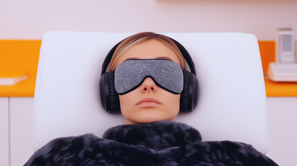 Blonde Woman in Ketamine Therapy Reclining with Eye Mask and Headphones