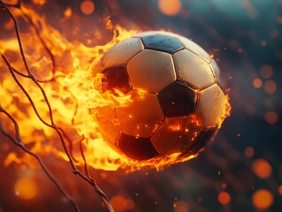Fototapeta premium Team is on fire. Burning flame ball on fire on a field,the frenzied energy of the sport, the power of impact, love of fans.