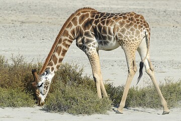 Obraz premium Giraffe Grazing on Bush in African Savanna