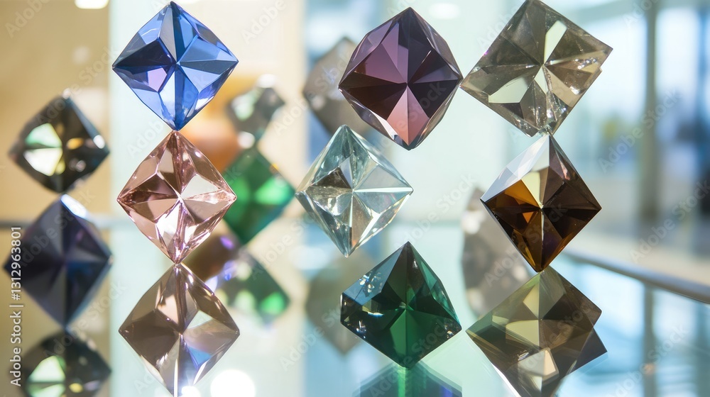 Poster Assortment of diamonds with different cuts displayed on a reflective mirror surface.
