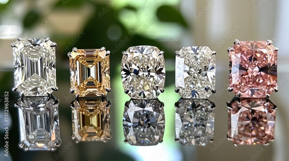Aufkleber assortment of diamonds with different cuts displayed on a reflective mirror surface.