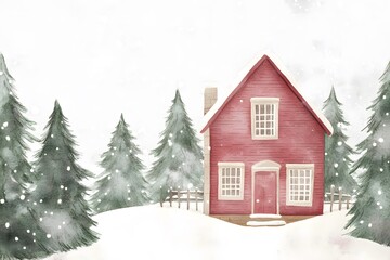 Cozy Red House Winter Scene Watercolor Illustration