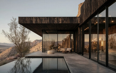 Fototapeta premium Modern Desert House with Infinity Pool and Mountain View