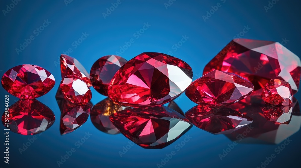 Poster assortment of rubies with different cuts displayed on a reflective mirror surface.