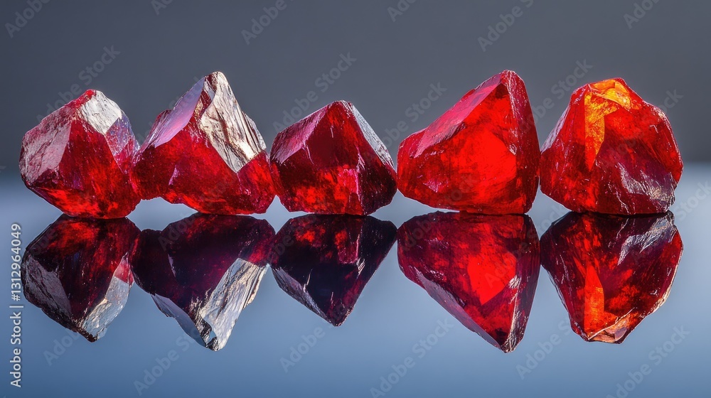 Poster assortment of rubies with different cuts displayed on a reflective mirror surface.