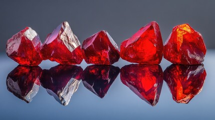 Assortment of rubies with different cuts displayed on a reflective mirror surface.