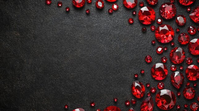 Assortment of rubies positioned on a luxury black leather surface.