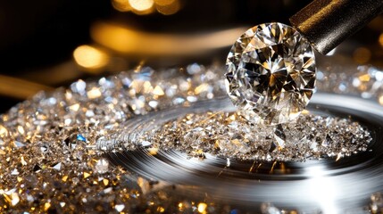 A brilliant-cut diamond being polished on a high-speed rotating gem-cutting wheel.