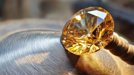 A brilliant-cut diamond being polished on a high-speed rotating gem-cutting wheel.