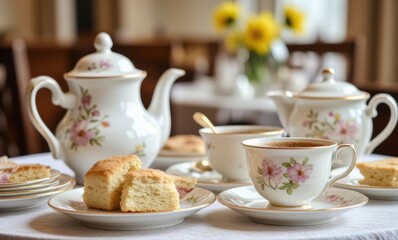 Tea set with scones and flowers