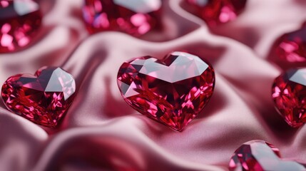 A collection of heart-cut rubies arranged aesthetically on a silky fabric.