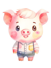 Pig Piggy Chibi Kawaii Cartoon Character Anthropomorphic Isolated Sticker Watercolor Illustration Colored Pencil Drawing