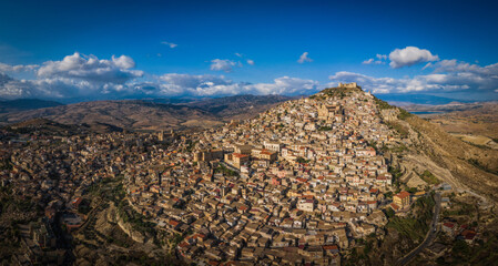 Panoramic view of Agira city in Sicily. August 2024. Aerial drone picture.